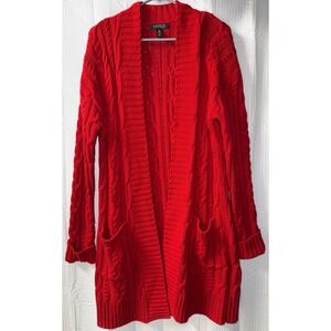 Lauren Ralph Lauren Red Cable Knit Cardigan Sweater Chunky Small Longline Open